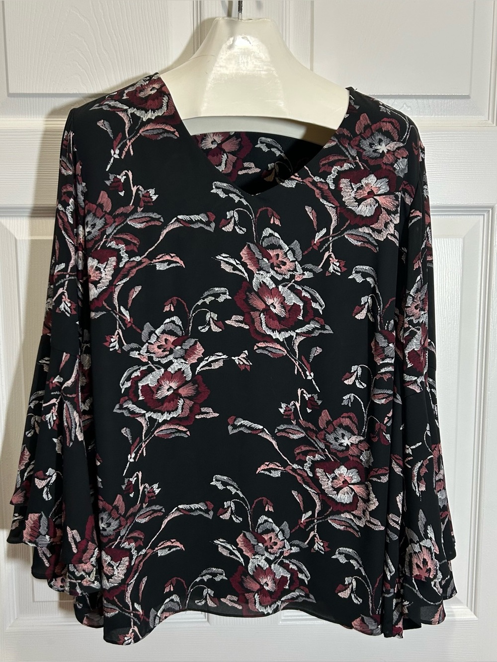 Premise Black Floral V-Neck Top with Long Bell Sleeves